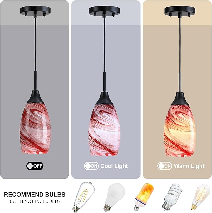 3-Pack Mini Glass Pendant Light with Handblown Burgundy Marble Art Glass Hanging Light 4.72" Oval Ceiling Hanging Light Fixture for Dining Room Kitchen Island Cafe Foyer Hallway