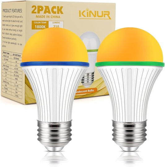 KINUR A15 3W Amber Light Bulbs, Warm Orange Night Lights for Sleep and Baby Nursery - 25W Equivalent, E26 Medium Base, 2-Pack
