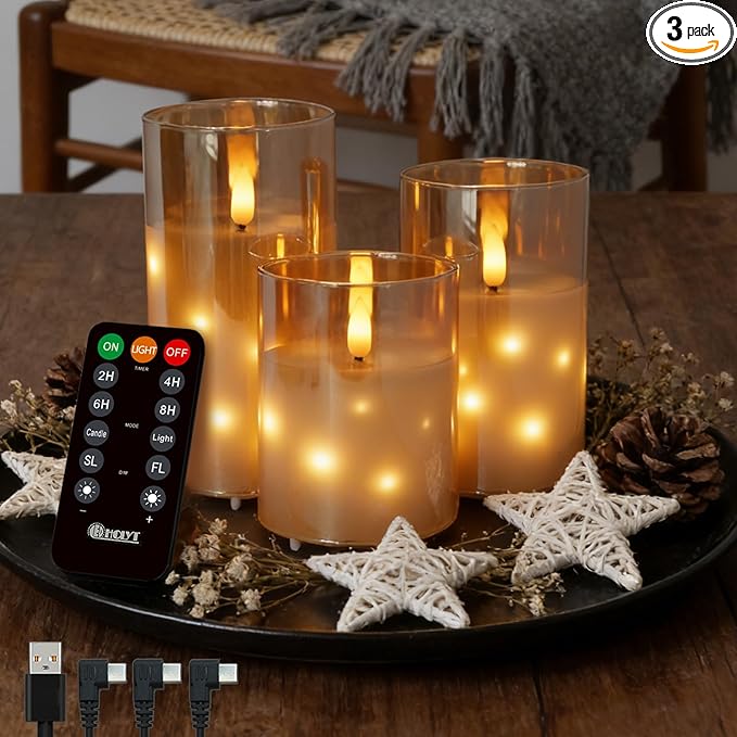 Rechargeable Glass LED Flameless Candles, Embedded Star String Flickering Flameless Candles for Romantic Ambiance and Home Decoration with Remote & Timer(Gold)