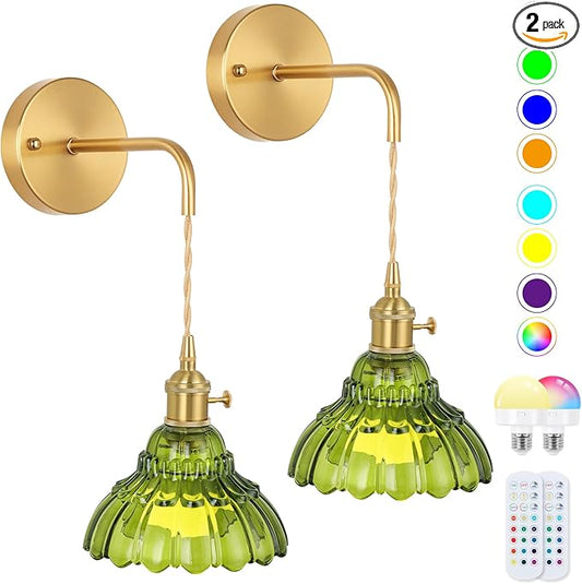 Vintage Wall Sconce Set of Two, Battery Operated Wall Sconces with Green Glass Lampshade, Wireless Wall Sconces with Remote, Rechargeable Wireless RGB Wall Lights for Bedroom Living Room etc