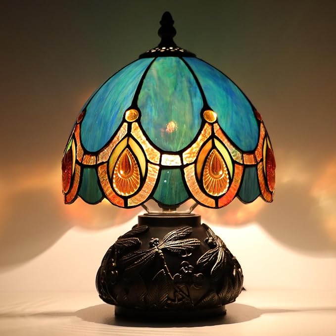 Small Tiffany Mushroom Table Lamp,Mini Memory Sympathy Antique lamp 8X11 Inch (Peacock Crystal)