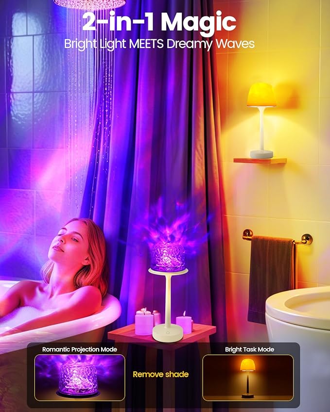 IP65 Waterproof Shower Lamp for Inside Shower Bathroom Light with 16 Color Ocean Wave Projector, Rechargeable Shower Lights with Touch & Remote Control, Ocean Waterproof Lamp for Shower/Bathroom