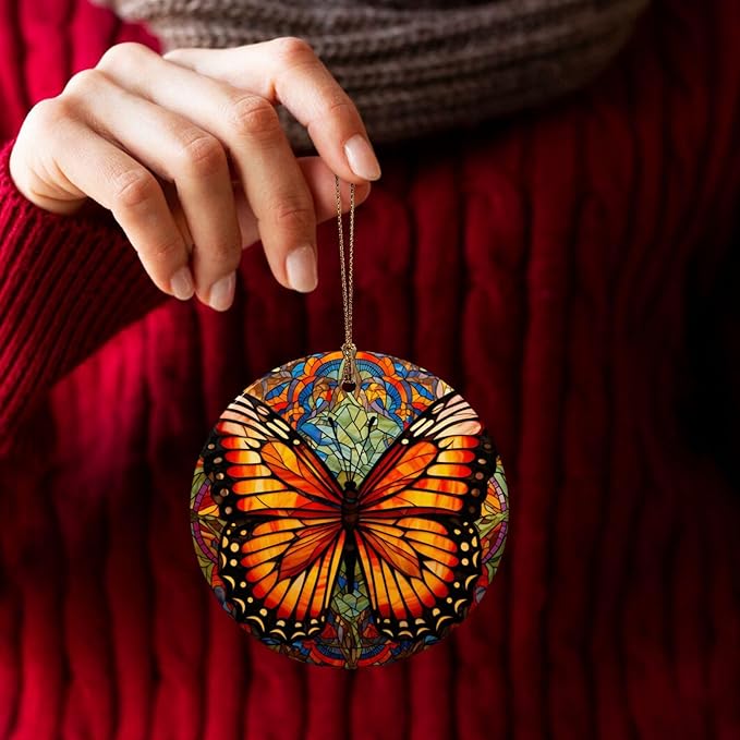 Butterfly Boho Glass Painting Christmas Ornaments, Christmas Decorations Xmas Tree Hanging Ornaments, Round Ceramic Festive Keepsake Gift for Xmas Decorations Holiday Home Decor