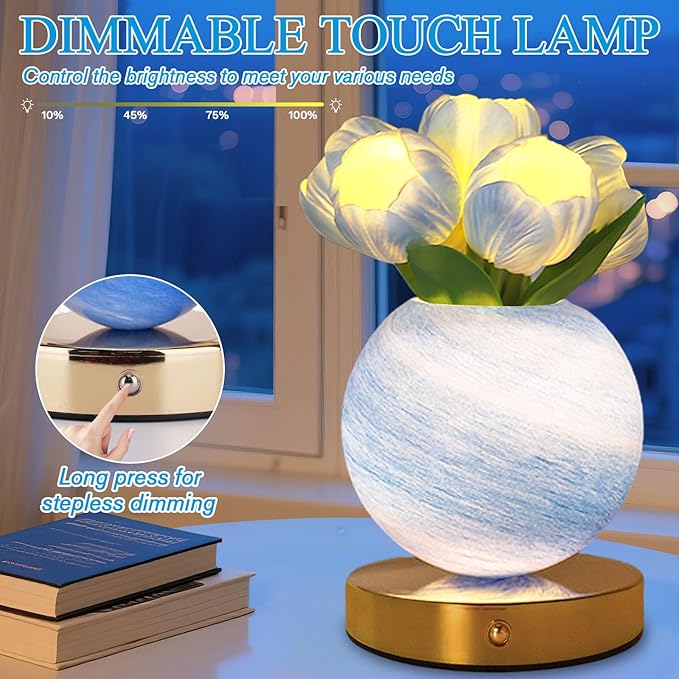 Tulip Table Lamp, Rechargeable Cordless Touch Dimming Artificial Tulip Flower Desk Lamp, LED Flower Bedside Night Light Romantic Gifts for Girl Women Mom (Blue Tulip)
