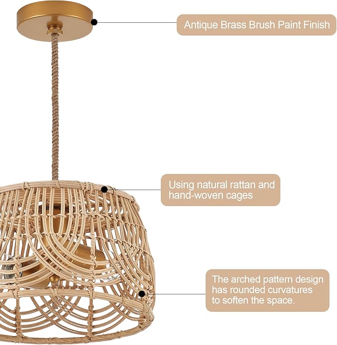 Woven Rattan Bamboo Brass Pendant Lights，Wicker Light Fixture Hanging Lamp for Entryway Bedroom Hallway Kitchen Island Corridor Foyer Passway 2-Light