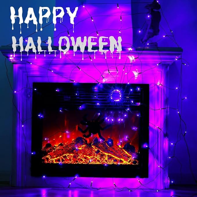 Halloween Decorations Spider Web Lights - 4FT Diameter 70 LEDs with Black Spider, Waterproof Net Lights, Remote Control, 8 Modes Cobweb Halloween Decorations for House Garden Indoor Outdoor (Purple)