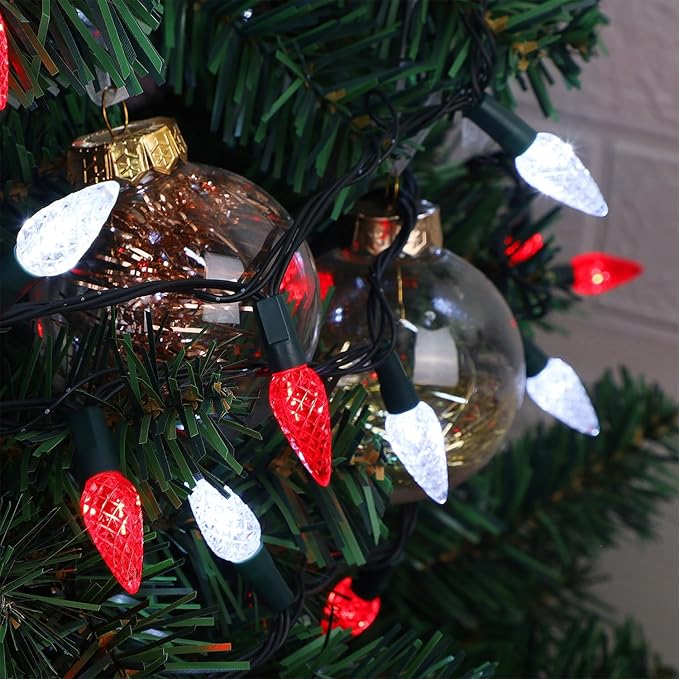 WATERGLIDE C6 Christmas Lights, 100 LED 33ft Faceted Fairy Lights Green Wire String Lights with Safe Adaptor, 8 Lighting Mode, Waterproof for Indoor Outdoor Patio Xmas Tree Party Decor, White & Red