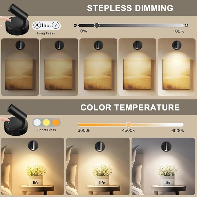 Kimjo Spot Lights Indoor, Wireless LED Spotlight, Uplighting Indoor with Remote and Dimmable, Accent Lighting for Plants, Picture, Battery Operated Wall Light (Black 4 Pack)