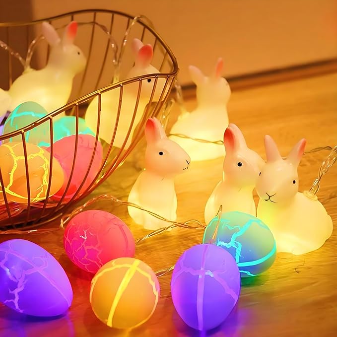 SWEETIME Easter Egg Bunny Lights,9.84 ft Cracked Egg Window String Lights,Battery Powered Colorful Eggs String Light for Home Bedrooms Window Tree Indoor Outdoor