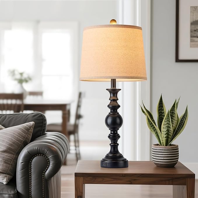 Farmhouse Lamp for Bedroom Set of 2, Table Lamp for Nightstand with Dual USB Charging Ports, 28" Table Lamps for Living Room, Bulb Not Included