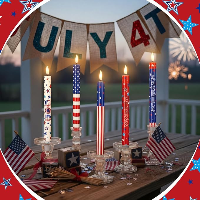 6 Pcs 4th of July LED Flameless Candle Set 250th Anniversary Patriotic Taper Candles Battery Operated with Remote God Bless American USA Flag Candles for Independence Day Decor Party Favors