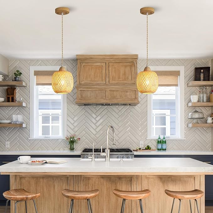 Bamboo Pendant Light Fixture, 2-Light Handmade Woven Pendant Lighting, with Adjustable Rustic Basket, for Kitchen Island Farmhouse Dining Room Living Room, ETL Listed