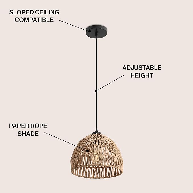 JONATHAN Y 10.25" Brown Modern Bohemian Woven Rope LED Pendant Light Fixture, Adjustable Dome Ceiling Lamp for Kitchen Island, Rope Shade, Coastal Farmhouse Decor (JYL6513E)