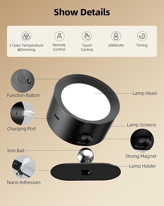 LED Wall Mounted Lights, Rechargeable Wall Sconces Lamp, 3 Color Temps & Remote and Touch, 360°Rotation Dimmable Cordless Wall Light for Study Bedroom Reading Bedside(Black, 2 Pack)