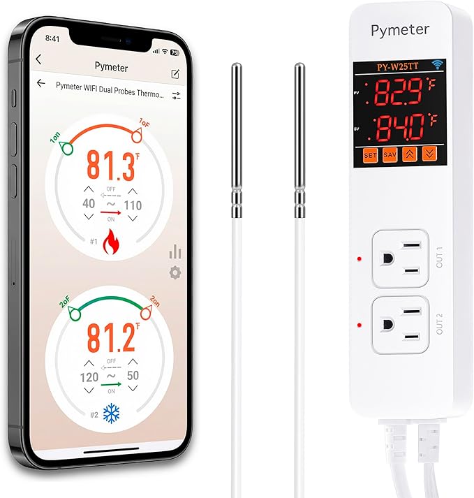 WiFi Temperature Controller with Dual Probes, Smart Digital Thermostat with Two Outlets for Reptile Heat Mat, Greenhouse Seedlings, Homebrew Fermentation, Cooling Fan, Remote App Control