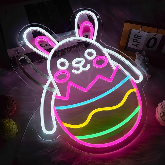 Easter Neon Sign for Wall Decor with Sticker, Waving Bunny Neon Lights, Dimmable LED Easter Rabbit Egg Window Decoration, Light Up Lamp Gift for Bedroom, Bar, Gameroom Decor, Wedding Birthday Party