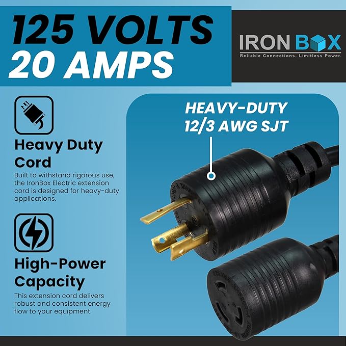 IronBox Electric NEMA L5-20P to L5-20R Power Cord - 20A, 125V, 12/3 AWG SJT - UL Listed Power Cable Adapter - Heavy Duty Extension Cord for Outdoor, Generator, RV, Data Center & More (15 ft, Molded)