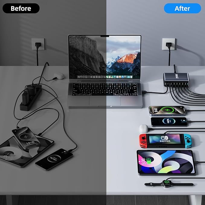 500W Fast Charging 8 Port USB C Charger Block with Nylon Fast Charging Cable, Multi-Device Charging Station Wall Desktop Charger with GaN Ⅲ Technology, USB-C Charger Adapter for MacBook/iPad/iPhone 17
