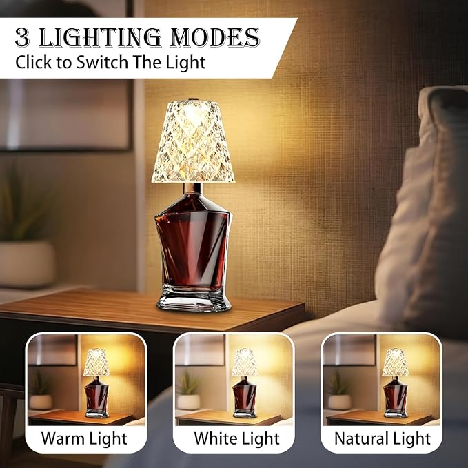 Rechargeable LED Bottle Lamp- Crystal Clear Table Lamp with 3 Color Modes, 2000mAh Battery & Touch Control, Wireless Wine Bottle Lamp for Home Bar, Wedding, Party Decor (2)