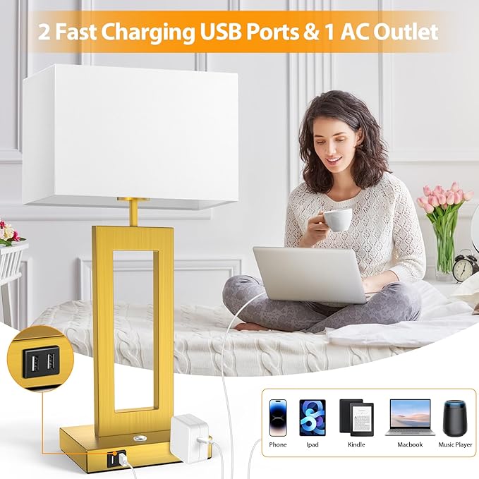 Table Lamps for Bedrooms Set of 2, 27.2’’ Super Tall Modern Gold Lamps for Living Room Nightstand End Tables, Button Touch Control Bedside Lamps with 2 USB Ports, 3 Color Temp. E26 Bulbs Included