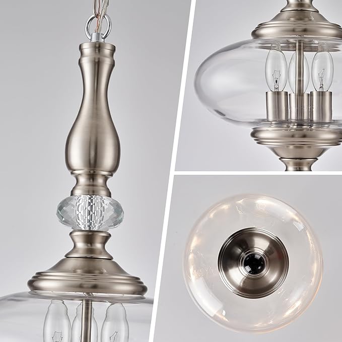 Brushed Nickel Pendant Light 11.8'' Wide 23.6'' High Modern Glass Pendant Light for Dining Room, Kitchen, Hallway Adjustable Height