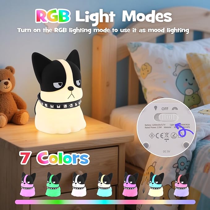 Squishy Puppy Night Light with RGB Mode 3 Brightness Adjustable Nursery Breastfeeding Nightlight Cute Novelty French Bulldog Animal Lamp Rechargeable Silicone Touch Bedside Lamp for Bedroom Dorm Decor