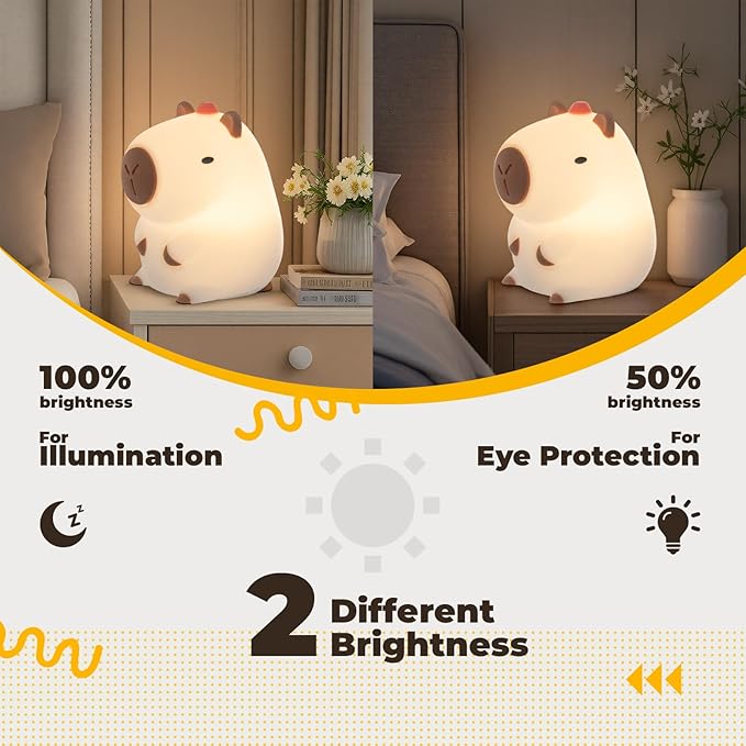 Adorable LED Squishy Animal Night Light - 2 Level Dimmable Nursery Lamp for Kids, Rechargeable Touch Lamp, Cute Dorm Decor - Perfect Baby Boys Girls Gift (Kapibala)