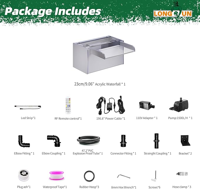 Longrun Pond Waterfall Box with Pump Kit, Transparent Acrylic Pond Waterfall Spillway with 396 GPH 1500L/H Pump for Ponds, Pond Spillway Color-Changing LED Light Strip for Garden (9.06")