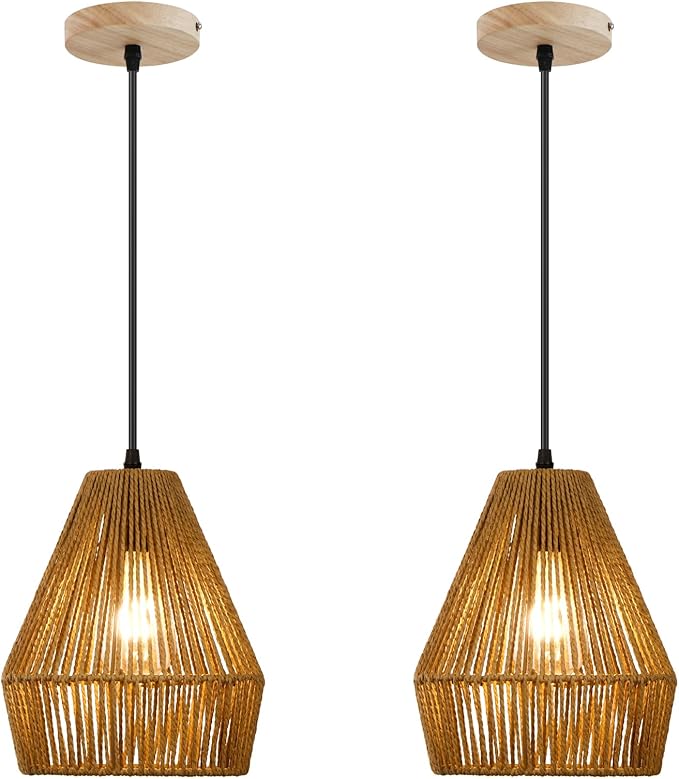 8.7'' Woven Rattan Pendant Light Fixture, 2 Pack Boho Pendant Lights Kitchen Island Lighting with Handwoven Wicker Shade, Natural Coastal Hanging Light Fixtures for Bedroom Dining Room Bar