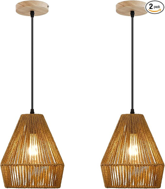 8.7'' Woven Rattan Pendant Light Fixture, 2 Pack Boho Pendant Lights Kitchen Island Lighting with Handwoven Wicker Shade, Natural Coastal Hanging Light Fixtures for Bedroom Dining Room Bar