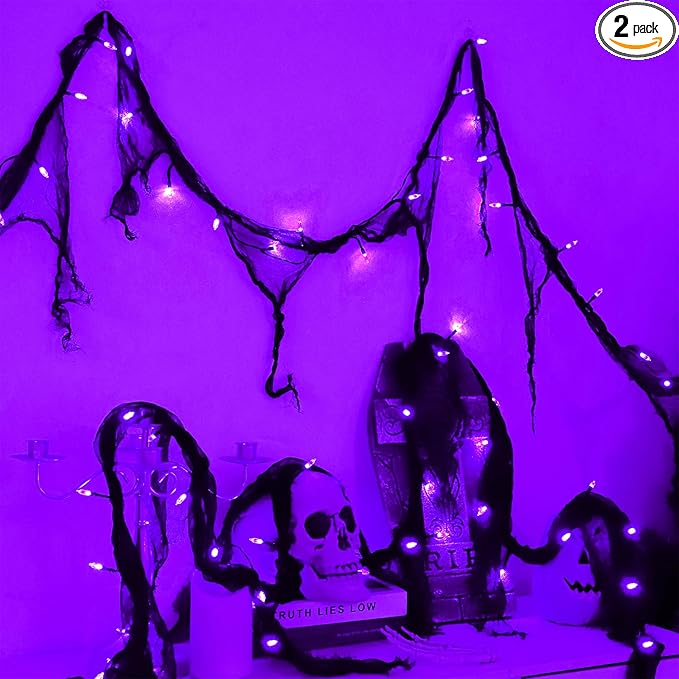 YAOZHOU Halloween Decorations String Lights Purple Indoor 30LED with Black Gauze Timer, 2 Mode Battery Operated 9.9Ft Creepy Cloth Spooky Lights, Gothic Party Room Decor(2Pack)