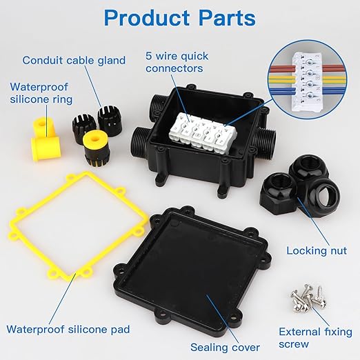 Helunsi 2 Pcs Waterproof Junction Box 3 Way, IP68 External Waterproof Electrical Junction Box, Black Underground Junction Box Outdoor Cable Connector, for Diameter 5mm -14mm Wire Gland (Larger)