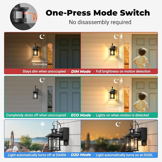 Porch Light with GFCI Outlet, Distance and Time Adjustable Black Motion Sensor Outdoor Lights, Dusk to Dawn 3 Modes Outdoor Light with Outlet for House, Garage, Garden, Waterproof, Aluminum