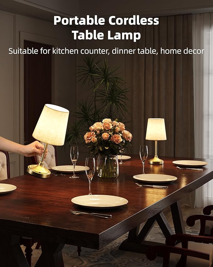 EZVALO Rechargeable Table Lamp, 2-Pack, 8000mAh, Ambient Light, Small, Touch Control, Dimmable, 2700K, Portable, LED, Battery, Cordless, Desk Lamp, Kitchen Lamp, Fabric Shade, for Dining Room