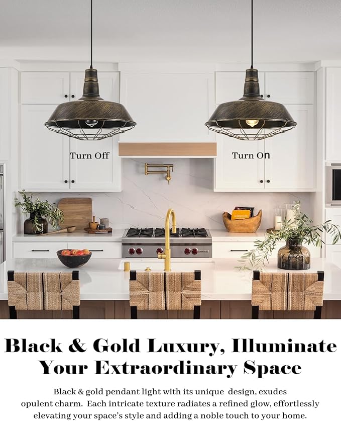 Brass Industrial Pendant Lights 2 Packs, 18.1 Inch Oversized Farmhouse Vintage Pendant Light, Black and Brass Barn Pendant Light with Wire Cage, Island Pendant Lights for Kitchen Warehouse