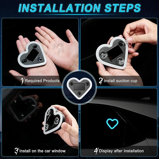 Car LED Interior Lights, Heart-Shaped Ambient Light for Windows, 5 Lighting Modes, Charging Through Type-c and Solar Energy, Car Decorations for Women Men, Pack of 1, (Ice Blue)