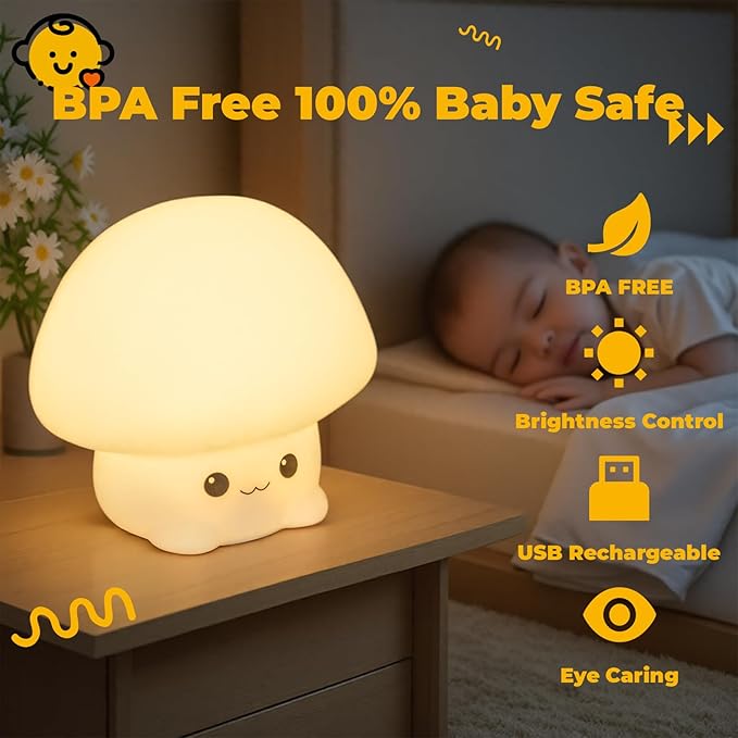 Adorable LED Squishy Animal Night Light - 2 Level Dimmable Nursery Lamp for Kids, Rechargeable Touch Lamp, Cute Dorm Decor - Perfect Baby Boys Girls Gift (Cartoon Mushroom)
