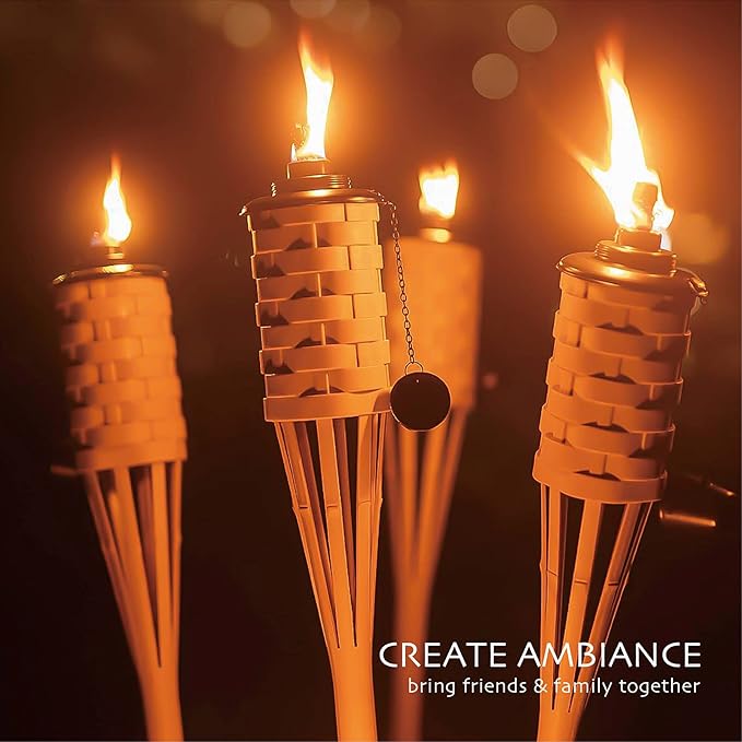 ONETHATCH Bamboo Torches, Outdoor Citronella Torch (Weathered Color, 4pack); Large Patio Torch, Great for Tropical Decor, Lighting, and Luau Party; Easy Refill Wide-Mouth Canister, Stands 60" Tall