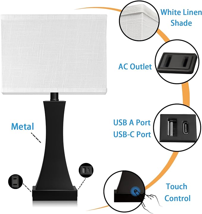 Table Lamp for Bedroom 3-Way Dimmable Touch Control Bedside Lamp with USB A+C Port & AC Outlet 21.6" Tall Nightstand Lamp for Living Room Office and Hotel Bulb Included