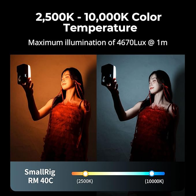 SmallRig RM 40C Mini LED RGB Video Light, 4800mAh Battery, LCD Display, Portable Camera Light for Tiktok Youtube Content Creators Photographer Gifts, 2500K-10000K CRI 96 TLCI 99, Magnetic Mount - 5359