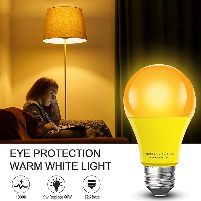 Sleep Light Bulb 4 Pack，Dimmable 1800K Warm Light Bulbs for Healthy Sleep,Blue Light Blocking,A19 9W(60W Equivalent) E26 Base Amber Light Bulbs for Bedroom, Baby Nursery Room