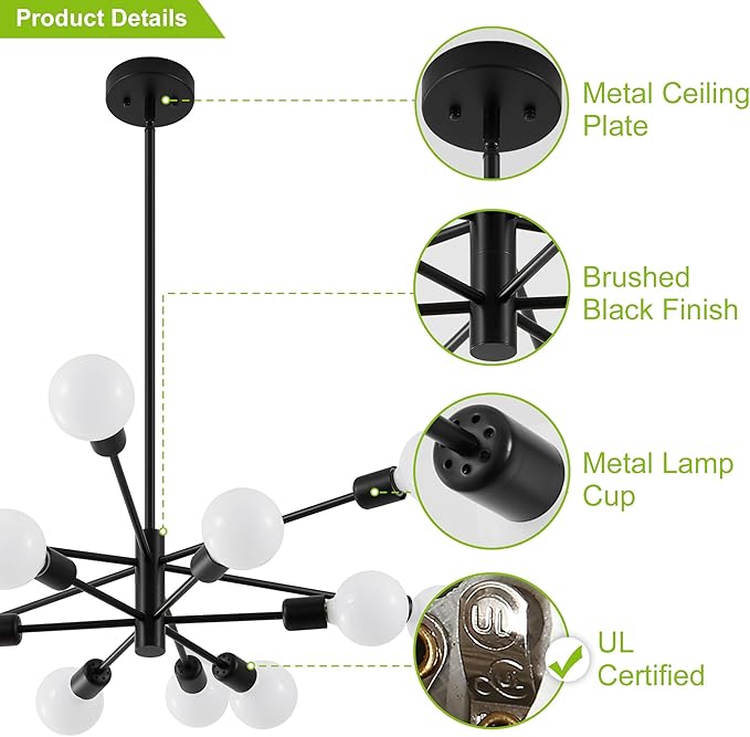 Sputnik Chandelier, Black Modern Chandeliers, Mid Century Ceiling Lighting Fixture for Living Room, Kitchen, Bedroom, Dining Room, Farmhouse (12-Light)