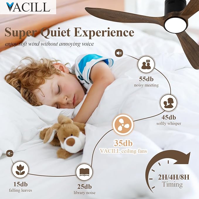 VACILL Wood Flush Mount Ceiling Fan with Light and Remote,52 inch Low Profile Ceiling Fan,Wooden Fan 3 Blades,6 Speed,LED Dimmable,DC Motor(Amber Wood)