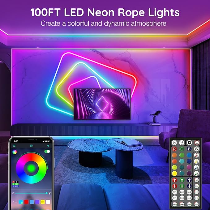 AILBTON 100FT Led Neon Rope Lights Control with App/Remote,Flexible Led Rope Light,Multiple Modes,IP65 Outdoor RGB Lights Waterproof,Music Sync Gaming Led Neon Strip Light for Bedroom Decor