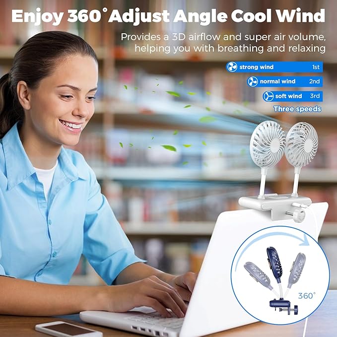 Reading stand lamp 3-Level Dimmable Clip-On desktop lights with Dual Gooseneck Fans, 360° Air Circulation Screen-Mounted Cooling Light for Office/Gaming Setup (Deepsea Blue)