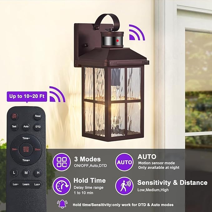 Porch Lights Outdoor with Remote Control: 2 Pack Motion Sensor Exterior Lighting Fixtures Intelligent 4 Lighting Modes Outdoor Wall Lights Sconce Lights for House Patio Front Door Garage