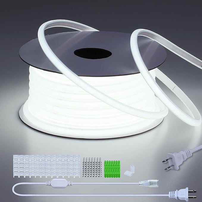 AC 110V COB LED Strip Lights Outdoor Waterproof 98.4ft, 6000K Cool White Super Bright 300W LED Rope Light, IP65 Flexible Cuttable, for Bedroom Garden Commercial House Gaming Room Decor