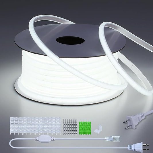 AC 110V COB LED Strip Lights Outdoor Waterproof 98.4ft, 6000K Cool White Super Bright 300W LED Rope Light, IP65 Flexible Cuttable, for Bedroom Garden Commercial House Gaming Room Decor