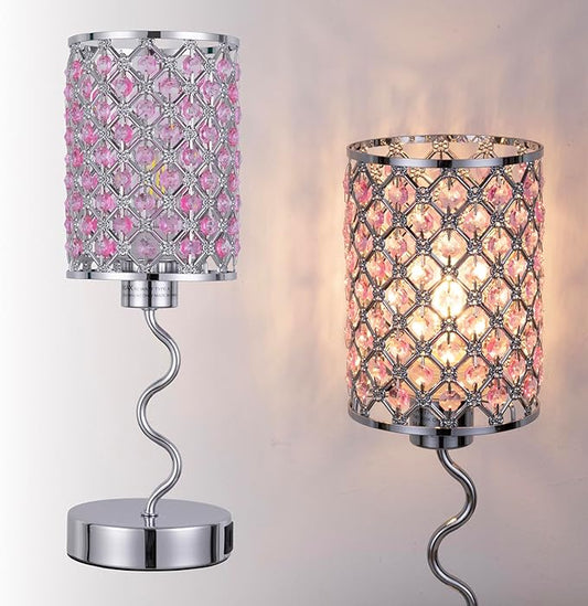 Crystal Table Lamp with 3 Way Dimmable Touch Control, Nightstand with USB A+C Ports, Modern Bedside Touch Lamp for Bedroom, Living Room, Office Reading, Pink