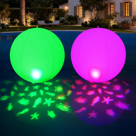 Floating Pool Lights, 15" Solar Pool Light That Float w/Patterns of Sealife, Upper & Lower RGB Color Changing Pools Floating Light IP68 Waterproof, Float/Hang for Pools Wedding Party Decor(2)